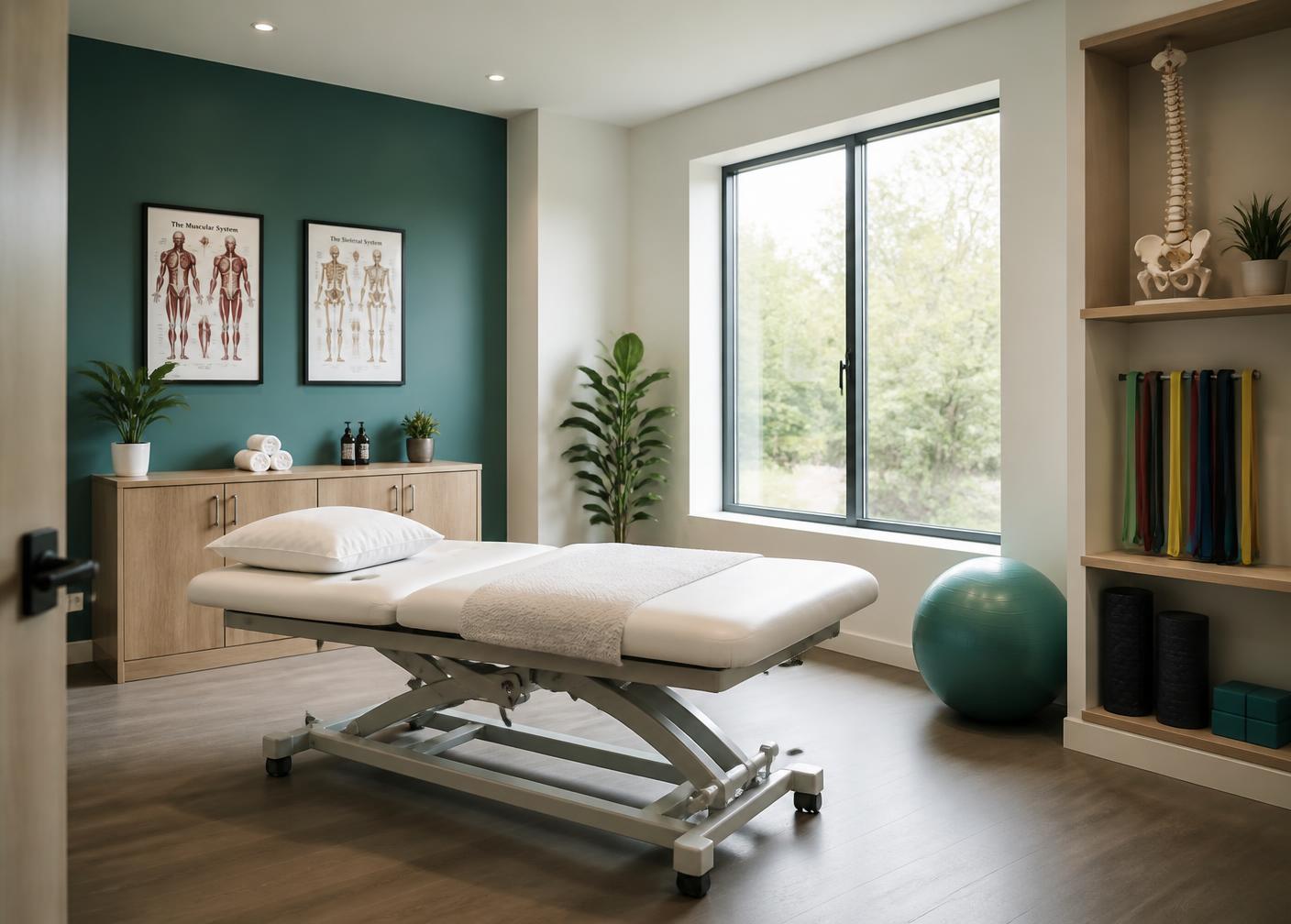 Physiotherapy treatment room with a treatment bed, exercise ball and resistance bands